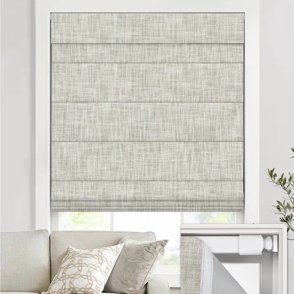 No Drill Cordless Roman Shade 33” x 64” Blackout Linen Beige Window Blind NEW